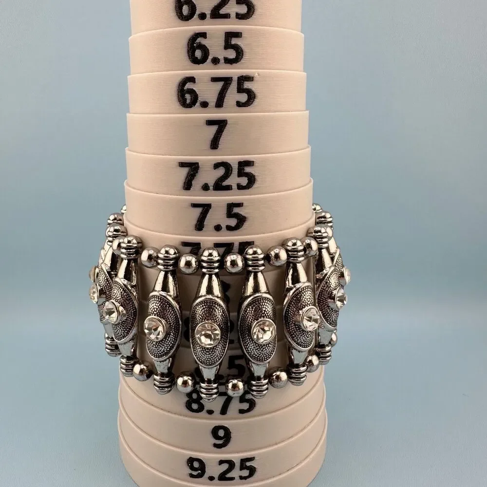 Vintage Chunky Stretch Bracelet Silver Tone Textured Wide Bead Clear Rhinestone